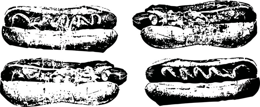 Four vintage black and white illustrations of hot dogs in buns with mustard and relish toppings