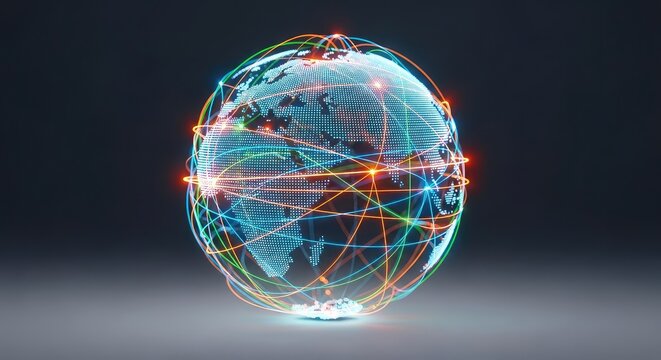 Abstract digital globe illuminated by glowing lines and interconnected nodes representing global communication networks and modern technology, intelligence, transmission, world