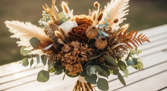 Close up shot of a wedding bouquet with earthy brown dried flowers and fresh eucalyptus leaves glowing under warm natural summer sunlight, autumn, boho, shadow