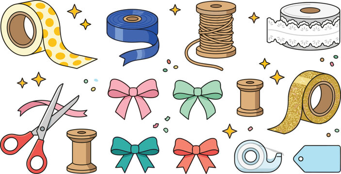 Gift Wrapping and Craft Supplies Vector Set with Washi Tape, Scissors, Colorful Ribbons, Fabric Bows, Thread Spools, Twine, and Blank Gift Tag