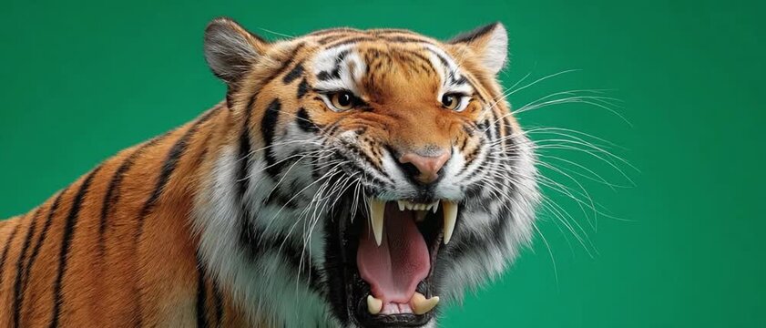 Roaring Tiger: A powerful tiger bares its teeth and roars with ferocity, its piercing eyes fixed forward, captured against a vibrant green background. A symbol of untamed wilderness and raw power.