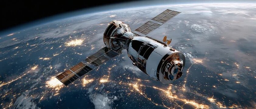 Orbital Outpost: A sophisticated satellite gracefully orbits the Earth, its panels illuminated by the distant sun, with city lights twinkling below like a jeweled carpet.