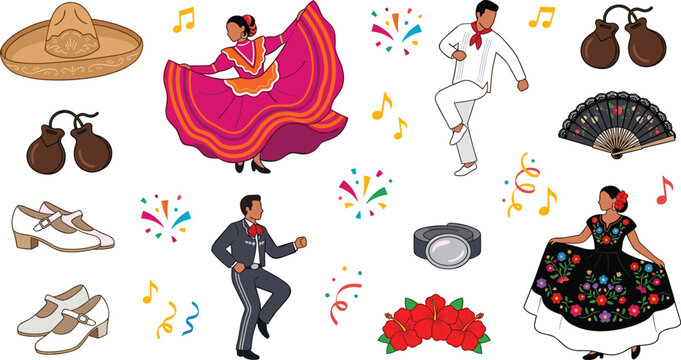 Mexican Folkloric Dance and Culture Vector Set with Mariachi and Ballet Folklorico Dancers, Sombrero Hat, Castanets, Hand Fan, Shoes, and Hibiscus Flowers