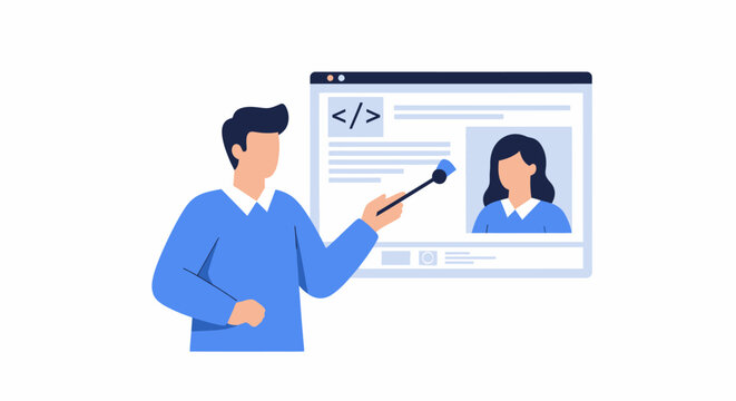 Web Developer or Recruiter Pointing at User Profile Interface on Digital Screen Vector Illustration for Software Development, HR Tech, and Online Education