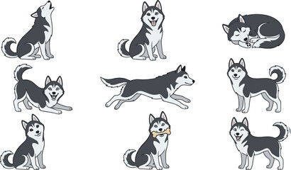 Cute Siberian Husky Dog Character Vector Illustration Set with Running, Howling, Sleeping, Tilting Head, and Playing Poses for Pet Designs © Najir