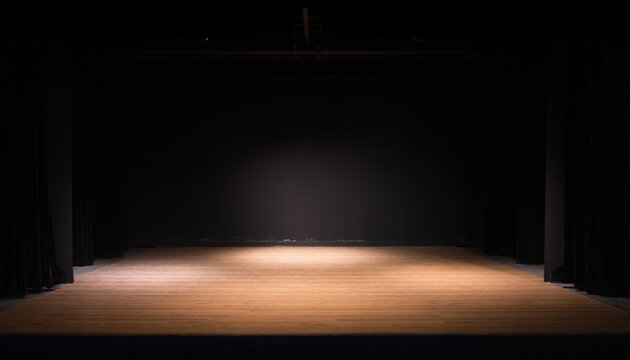 Empty dark theater stage with spotlights on wooden floor 木目調の床にスポットライトが当たる誰もいない暗い劇場のステージ背景