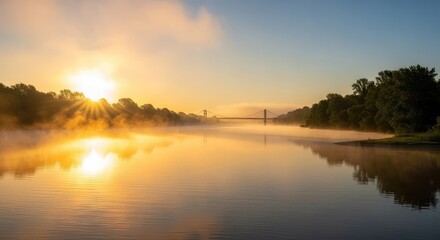 Fototapeta premium Golden sunrise light glows over a peaceful river and lake. Mist drifts above the water as a distant bridge spans the calm scene with trees, tranquility, atmosphere, river