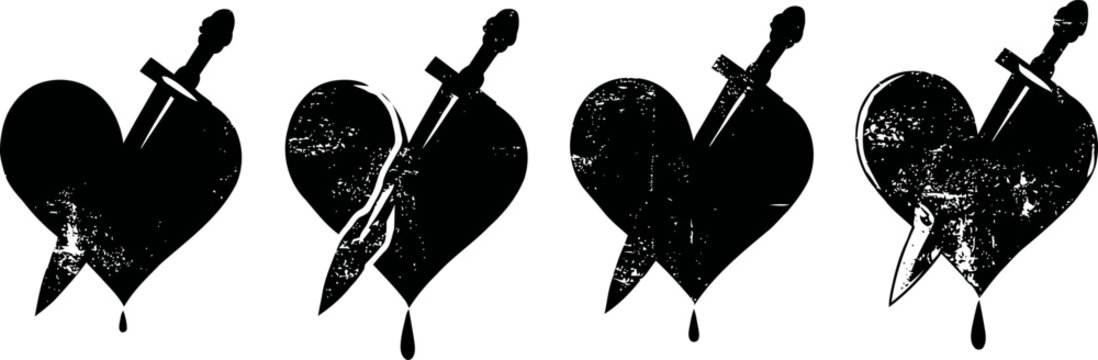 Distressed black heart pierced by dagger with dripping blood in various worn texture styles