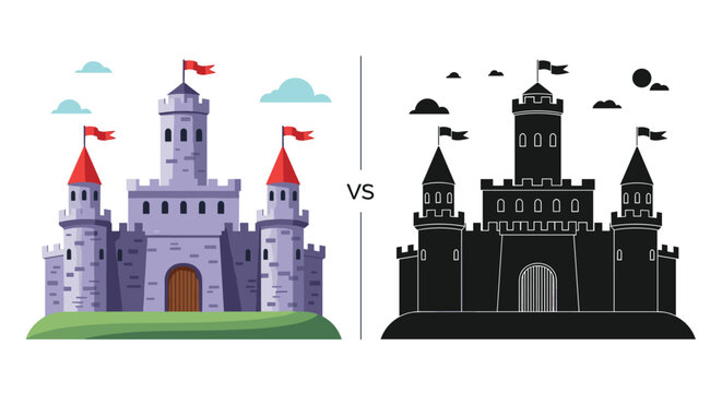 Split-screen illustration compares a colorful medieval stone castle with flags to its solid black silhouette version on a white background.