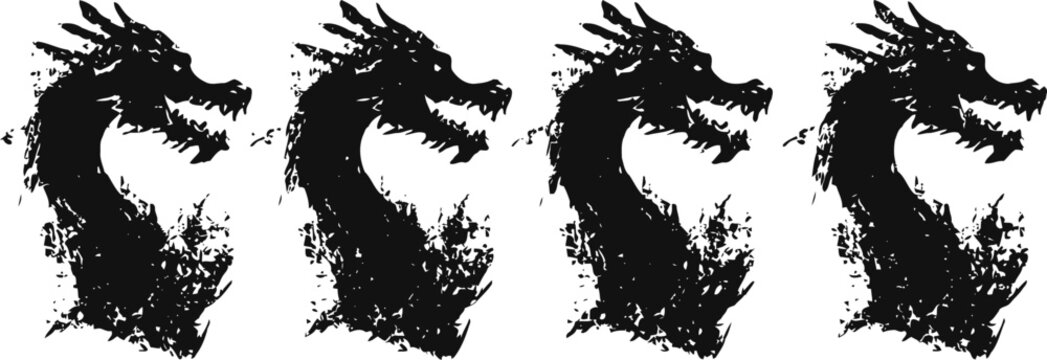 Grunge dragon head silhouette repeated in a row with rough ink splatter effect