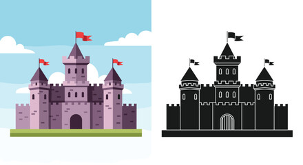 Fototapeta premium Two versions of a medieval castle illustration featuring one full color architectural design and one clean black silhouette on white.