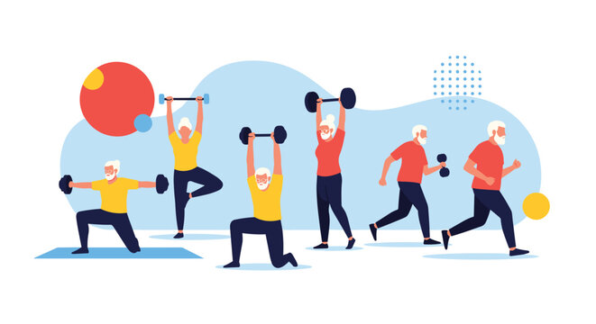 Group of active senior citizens performing various physical exercises including yoga, weightlifting, and running to stay healthy and fit.