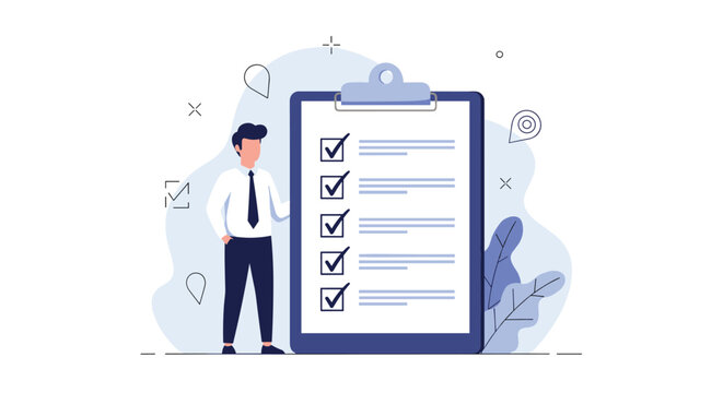 Professional businessman standing next to a giant clipboard with a completed checklist showing successful project management and task finish.