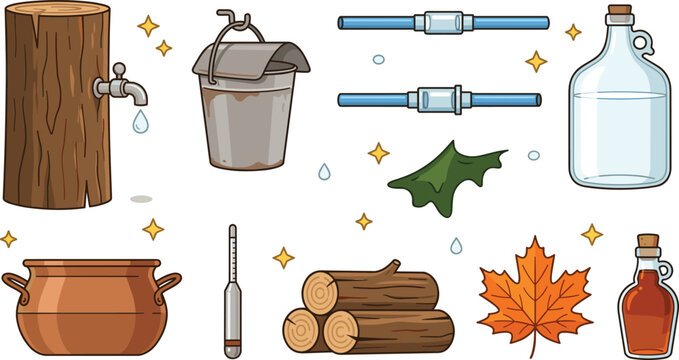 Maple Syrup Production and Sugaring Equipment Vector Set with Tree Tap, Collecting Bucket, Evaporator Pot, Hydrometer, Log Firewood, and Glass Bottles