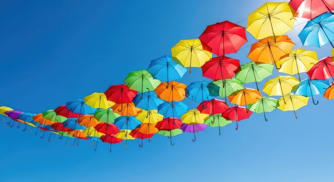 Vibrant multicolored umbrellas float gracefully against a brilliant blue sky, creating a whimsical canopy of bright hues and summer joy, yellow, summer, outdoor
