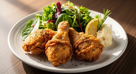 Fototapeta premium Delicious fried chicken with mashed potatoes and green salad on white plate