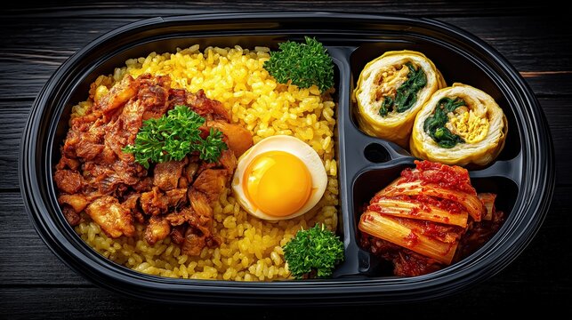 Korean Meal Box with Rice, Meat, Egg, Kimchi and Rolls