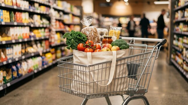 Shopping cart filled with fresh groceries and produce in a supermarket aisle