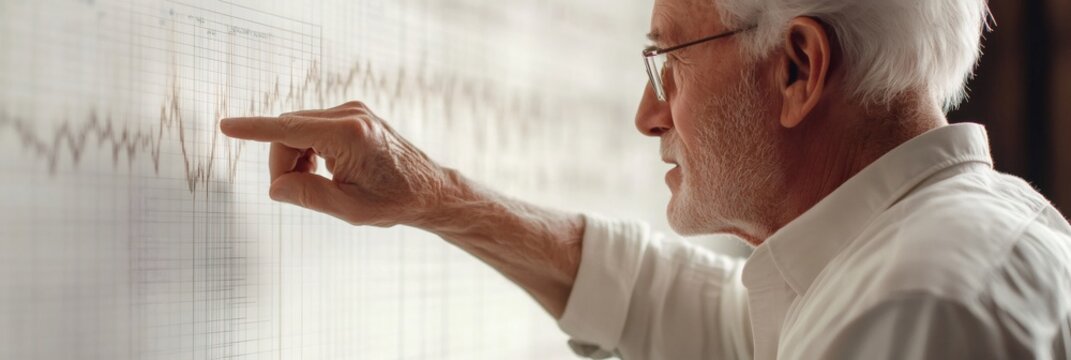 Senior geologist pointing at a specific point on a seismogram chart, analyzing seismic waves and earthquake data, conducting geological research in seismology laboratory