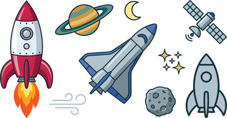 Outer Space Exploration Vector Illustration Set with Rocketship Launch Space Shuttle Orbiter Saturn Planet Communications Satellite and Asteroid Elements © Najir