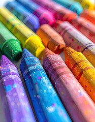 Obraz premium A vibrant and colorful display of glitter-infused crayons in a close-up shot.