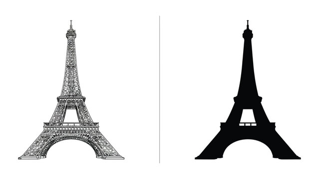 Eiffel Tower appears as a side-by-side comparison of a complex sketch and a flat black silhouette.