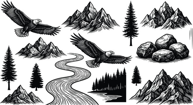 Black silhouette nature wilderness scene element set featuring eagles mountains pine trees river rocks and forest on white background
