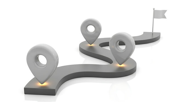 3D map path with location pins and destination flag location navigation destination waypoint direction tracking position traveling logistics orientation planning