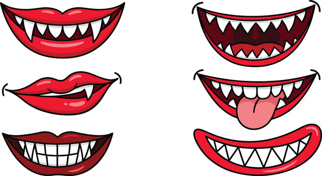 Creepy Vampire Mouth and Sharp Fangs Vector Illustration Set with Spooky Grinning Monster Lips and Scary Teeth for Halloween Graphic Designs