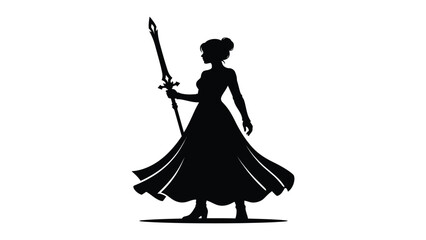 Warrior woman holding a long sword stands in a dynamic pose with her dress flowing behind her. © Sadee Girl