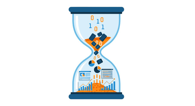 Hourglass Converting Big Data and Binary Code into Actionable Analytics, Financial Charts, and Infographics Representing Real-Time Insights and Time Management