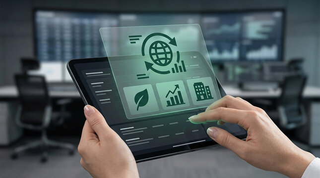 Person Using Futuristic Tablet Displaying Digital Environmental Sustainability Data Analysis Icons For Corporate ESG