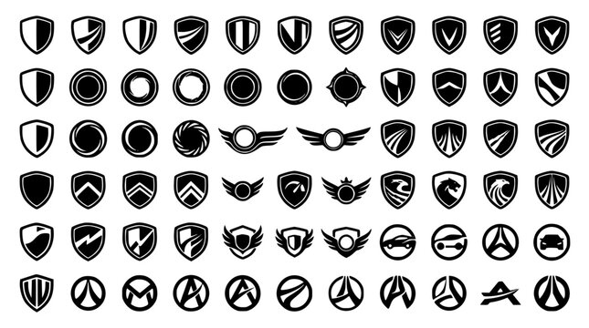 Automotive racing team logo badges and security company shield emblems black silhouette vector icon mega bundle collection set