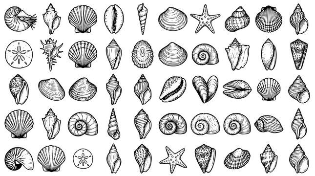Detailed sea shells starfish and marine life line icons mega bundle set for summer beach resort decoration or nautical pattern vector illustrations