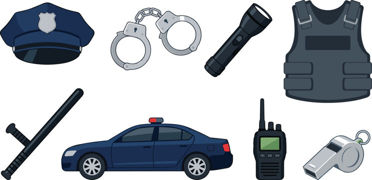 Police and Law Enforcement Equipment Vector Illustration Set with Patrol Car Officer Hat Handcuffs Bulletproof Vest Baton and Radio Icons