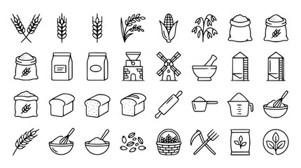 Agriculture and bakery thin line icons set featuring wheat grains flour sacks windmill silos bread and farming tools vector © Mohammad