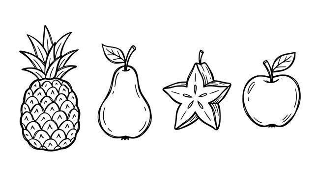 Hand drawn doodle fruit set featuring single line art illustrations of pineapple pear starfruit and apple isolated on white