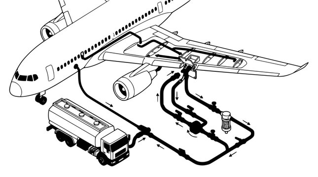 Detailed airplane refueling system diagram showing fuel tanker truck connected to aircraft fuselage and wing lines vector illustration