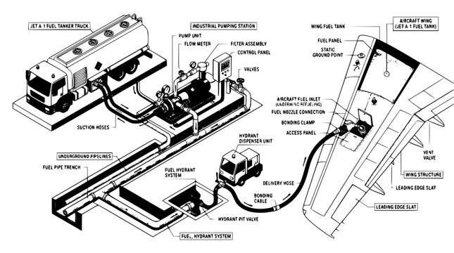 Detailed aircraft underwing refueling system diagram showing fuel tanker truck hydrant dispenser vehicle and airplane wing schematic vector