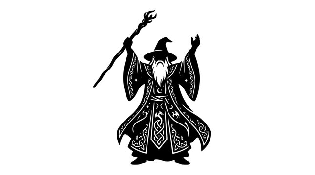 Powerful fantasy wizard silhouette raising arms to cast spell while holding a wooden magic staff vector illustration on white