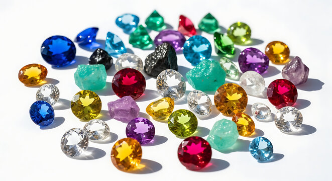 Large collection of colorful faceted gemstones on white background with gemstone colorful precious sapphire brilliant treasure collection ornament gemology