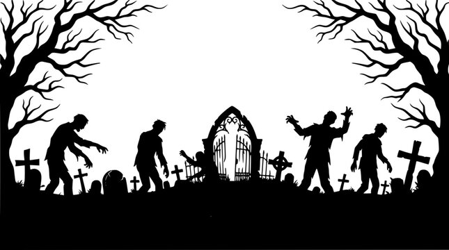 Spooky Halloween graveyard panorama with walking zombie silhouettes cemetery gates cross tombstones and creepy dead trees vector illustration