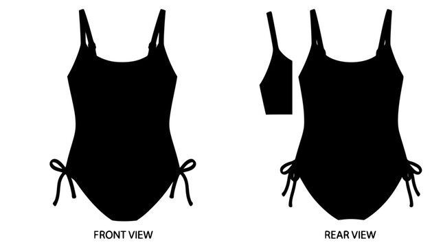 Women one piece swimsuit flat sketch template showing front and rear views with side tie details vector illustration