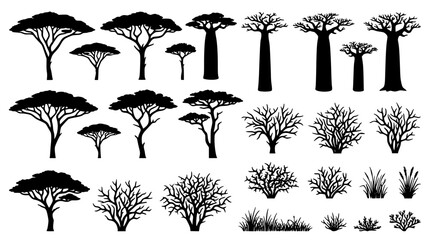 Large collection of African safari tree silhouettes featuring baobab acacia and desert bushes isolated on white background vector © Mohammad