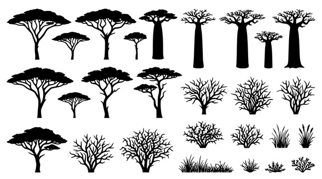 Large collection of African safari tree silhouettes featuring baobab acacia and desert bushes isolated on white background vector