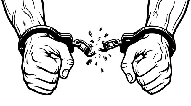 Broken handcuffs vector illustration showing clenched fists breaking chains for freedom liberty and human rights concept design