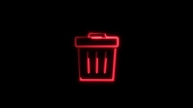 Glowing red neon trash bin icon animation loop on black. Digital file deletion, recycle bin concept, electronic data cleaning, and disposal symbol.