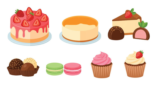 Delicious dessert collection with cakes cupcakes and chocolate sweets