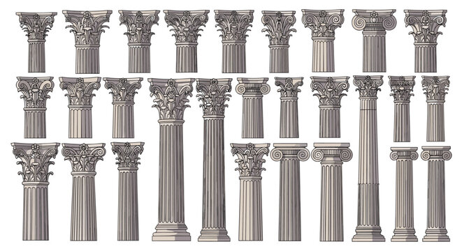Comprehensive set of classical architectural columns showing different styles and heights of ornate pillars for design projects.