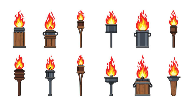 Set of pixel art torches and lanterns featuring different types of wood and metal bases with glowing animated fire effects.